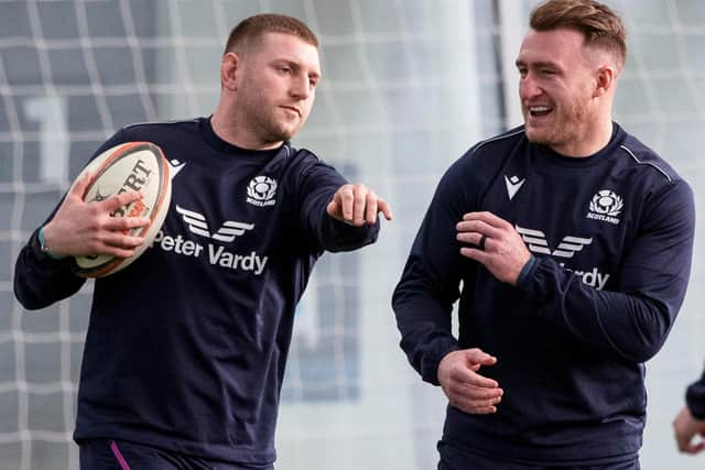 Finn Russell with Scotland captain Stuart Hogg at a training session in Edinburgh on Monday (Photo by Craig Williamson/SNS Group/SRU)