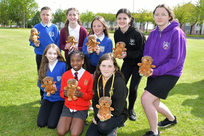 Pupils from Falkirk area primary schools show off their Beatie the Hedgehog mascots