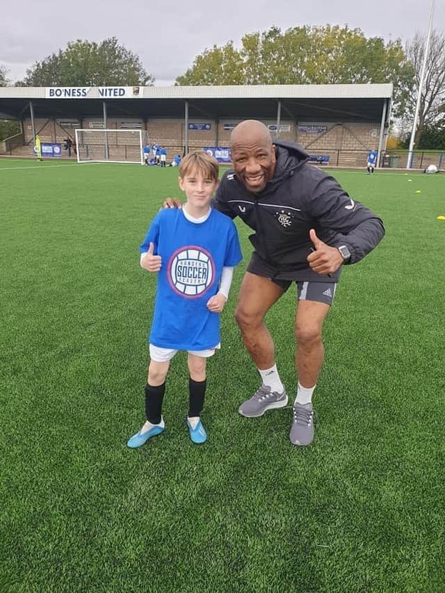 Rangers legend Marvin Andrews with Bo'ness United CFC's Matthew Ballantine
