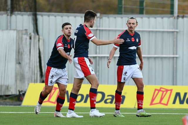 Aidan Nesbitt scores on his 100th game for Falkirk against Edinburgh City (Photo: Michael Gillen)