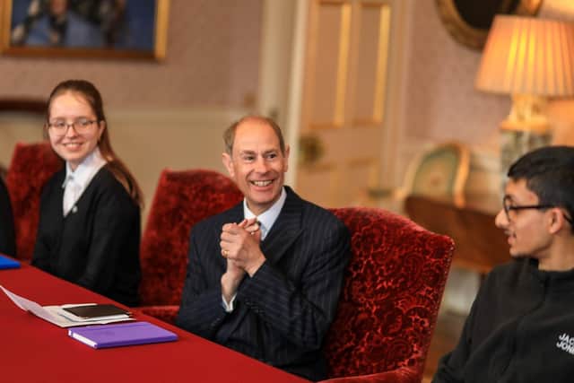 HRH Prince Edward, the newly titled Duke of Edinburgh meets secondary school pupils in Holyroodhouse