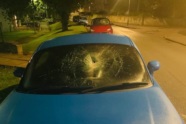 The windscreen of a blue Audi TT was smashed in Nailer Road, Camelon. Contributed.