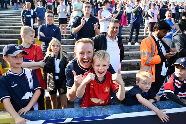 Delighted Falkirk fans after the 3-2 comeback win against Morton (Photo: Michael Gillen)