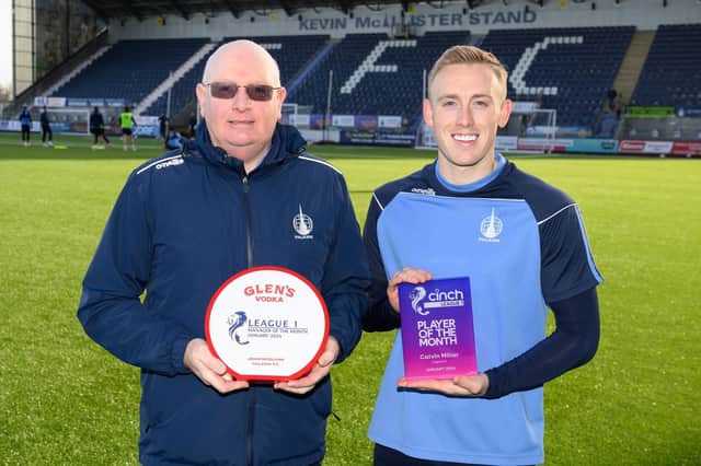 Falkirk manager John McGlynn alongside winger Calvin Miller after being presented with their Glen’s monthly awards (Photo: Ian Sneddon)