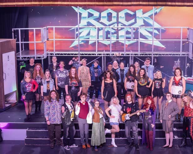 The cast of Falkirk Bohemians' production of Rock of Ages.