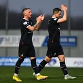 18-02-2023. Picture Michael Gillen. FALKIRK. Falkirk Stadium. Falkirk FC v Alloa Athletic FC. Season 2022 - 2023. Matchday 25. SPFL cinch League One. Callumn Morrison 7 and Stephen McGinn 4 at the end of the game.