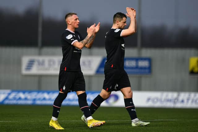 18-02-2023. Picture Michael Gillen. FALKIRK. Falkirk Stadium. Falkirk FC v Alloa Athletic FC. Season 2022 - 2023. Matchday 25. SPFL cinch League One. Callumn Morrison 7 and Stephen McGinn 4 at the end of the game.