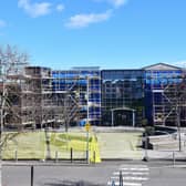 Scaffolding surrounds Maddiston Primary School ahead of repair works. Pic: Michael Gillen