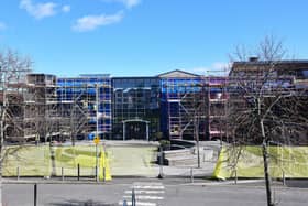 Scaffolding surrounds Maddiston Primary School ahead of repair works. Pic: Michael Gillen