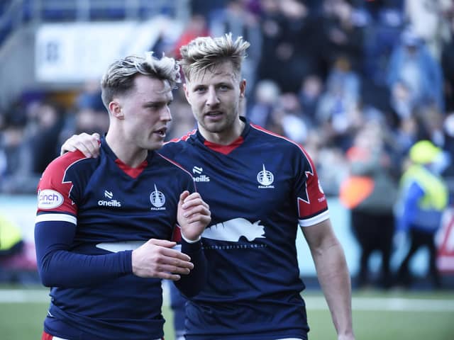 Sean Mackie (right) talks to Ethan Ross after Falkirk's 5-1 win over Cove Rangers last Saturday (Photo: Alan Murray)