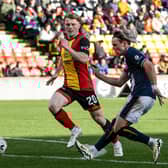 GLASGOW, SCOTLAND - OCTOBER 12: Falkirk's Ethan Ross scores to make it 1-0 during a William Hill Championship match between Partick Thistle and Falkirk at the Wyre Stadium at Firhill, on October 12, 2024, in Glasgow, Scotland. (Photo by Alan Harvey / SNS Group)