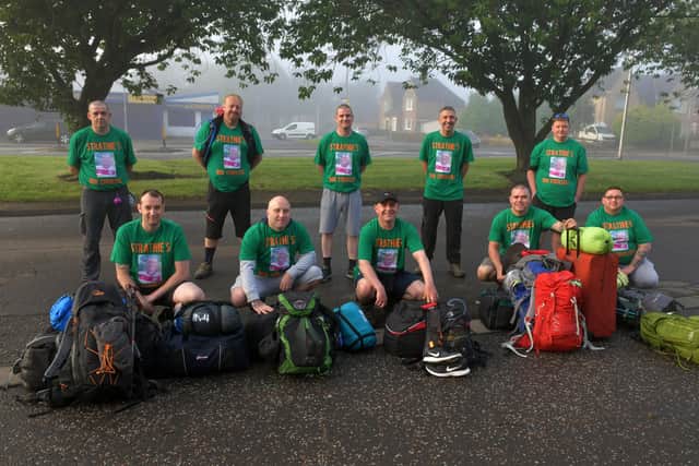 Strathie's Bog Strollers at the start of their long cash and awareness raising journey to remember their lost pal Scott Strathie, who sadly died of cancer last year