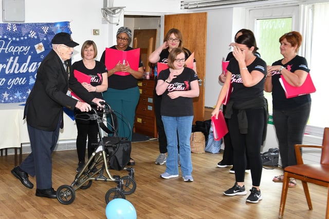 Fred arrives for the first part of his party celebrations - entertainment from Bo'ness Belles.