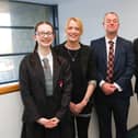 Left to right, S6 Award for Excellence winner Rachel Hunter, Olympic athlete Eilidh Doyle, head teacher Iain Livingstone and S5 Dux James Edwards. Pic: Scott Louden
