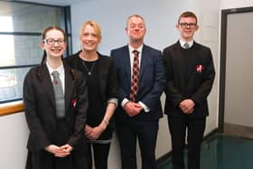 Left to right, S6 Award for Excellence winner Rachel Hunter, Olympic athlete Eilidh Doyle, head teacher Iain Livingstone and S5 Dux James Edwards. Pic: Scott Louden