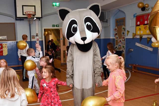 Rocco the Rights Respecting Raccoon with pupils