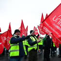Around 400 Unite members and GMB members based at Alexander Dennis Limited (ADL) in Camelon and Larbert are taking part in a fortnight-long strike as a dispute over pay continues.  (Pic: Michael Gillen)