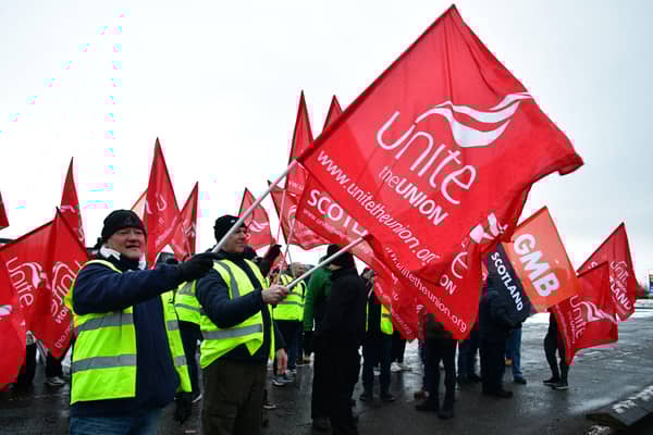 Around 400 Unite members and GMB members based at Alexander Dennis Limited (ADL) in Camelon and Larbert are taking part in a fortnight-long strike as a dispute over pay continues.  (Pic: Michael Gillen)