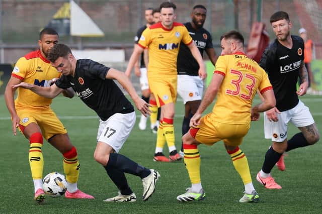 Michael Anderson on the ball for Stenhousemuir during their 4-1 loss at home to Ayr United on Tuesday (Pic: Mark Ferguson)
