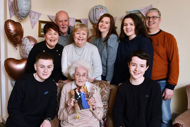 With her family around her, Susan Dickson celebrates her 100th birthday. Pic: Michael Gillen