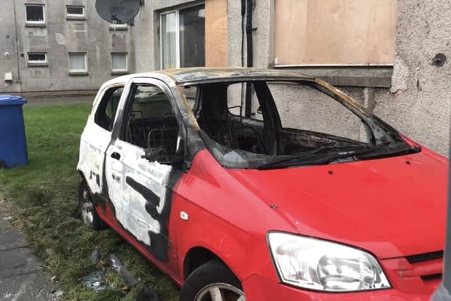 The aftermath of a car fire in Lumley Place, Grangemouth