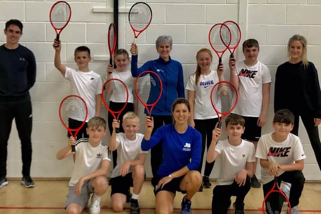 Judy Murray with pupils from both Braes High School