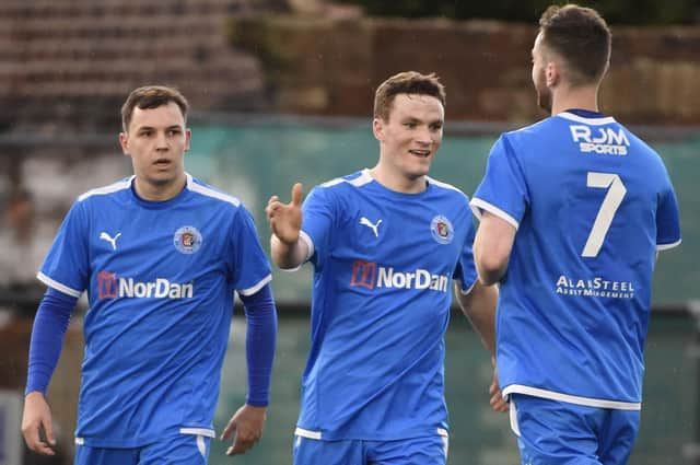 Ryan Robertson (left) and Callum MacDonald (centre) were both on target for Bo'ness Athletic against Edinburgh College (Pics by Alan Murray)