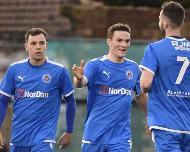 Ryan Robertson (left) and Callum MacDonald (centre) were both on target for Bo'ness Athletic against Edinburgh College (Pics by Alan Murray)
