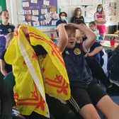 Pupils in P6B at Denny Primary watch the big game (Pic: Michael Gillen)