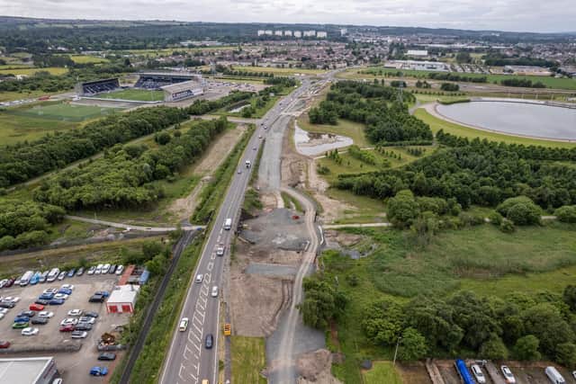 Aerial view along the A904 towards The Falkirk Stadium, left, and The Helix, right, taken in June. Pic: Falkirk Council
