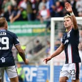 17-08-2024. Picture Michael Gillen. FALKIRK. Falkirk Stadium. Falkirk FC v Heart of Midlothian FC. Season 2024 - 2025. SPFL Premier Sport Cup. Scottish League Cup. Fakirk win  2-0. Goal Falkirk, Ethan Ross 23.