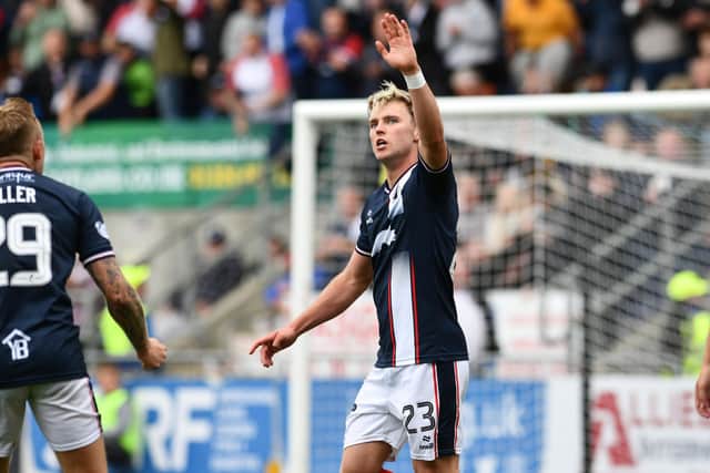 17-08-2024. Picture Michael Gillen. FALKIRK. Falkirk Stadium. Falkirk FC v Heart of Midlothian FC. Season 2024 - 2025. SPFL Premier Sport Cup. Scottish League Cup. Fakirk win  2-0. Goal Falkirk, Ethan Ross 23.