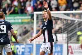 17-08-2024. Picture Michael Gillen. FALKIRK. Falkirk Stadium. Falkirk FC v Heart of Midlothian FC. Season 2024 - 2025. SPFL Premier Sport Cup. Scottish League Cup. Fakirk win  2-0. Goal Falkirk, Ethan Ross 23.