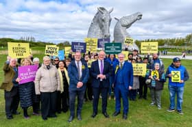SMP leader John Swinney popped into The Helix Park to meet local candidates and supporters. Pictured here with Falkirk West candidate, Gary Bouse, centre left, and Falkirk East and Linlithgow, Martyn Day. Pic: Michael Gillen