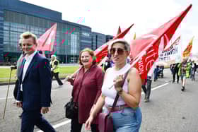 Falkirk MP Euan Stainbank with his former Falkirk Council colleagues, Councillors Anne Hannah and Siobhan Paterson, on the march to save Grangemouth refinery jobs. Pic: Michael Gillen