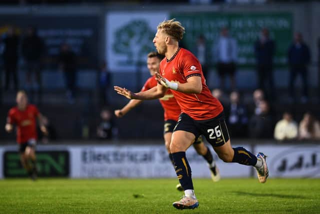 Falkirk ace Sean Mackie wheels away after scoring against Ayr United (Photo: Michael Gillen)