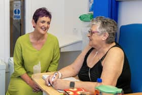 Angela Constance, Cabinet Secretary for Health and Care, spoke with patient Marion Bell, from Stenhousemuir, in the Acute Frailty Unit at Forth Valley Royal Hospital on Monday.  (Pic: Michael Gillen)