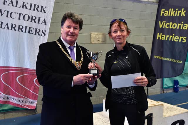 Falkirk Vics' Fiona Matheson was the club's top athlete on the day - she is pictured here with Provost Robert Bissett