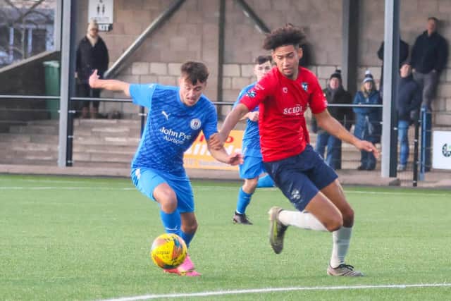 Recent signing Kieran Mitchell scores for Bo’ness United to make it 2-1 against Edinburgh University in the Lowland League on Saturday afternoon (Pictures by Scott Louden)