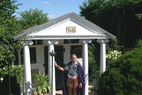 Tony - or should that be Emperor Tony - in front of his SHED OF THE YEAR 2007 - the first ever winner of the competition
The Roman Temple is a Folly. All the best stately homes can look across their estate and see a temple in the distance. It's just that this one is a bit nearer to the house, that's all !