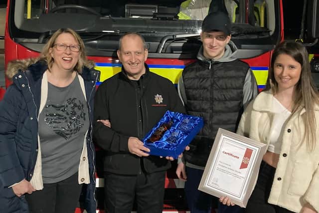 Retained firefighter Graeme Mackie who retired in February 2023 after 32 years service with Scottish Fire & Rescue Service, all of the time based in Larbert Fire Station. Pictured with wife Carolyn, daughter Caitlyn, 22, and son James, 18.