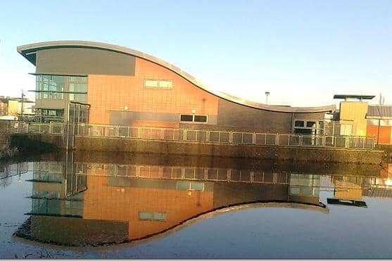Falkirk Council has confirmed the area of water at Larbert Library is a "no fishing" zone. Picture: Jim Ferrier.