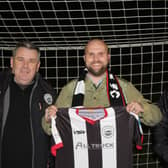 Dunipace’s club secretary Stephen Tait, Dunipace WPL manager Kevin McPhee and Dunipace’s club chairman Paul Garner celebrate the new partnership (Photo: Submitted)