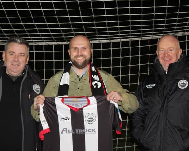 Dunipace’s club secretary Stephen Tait, Dunipace WPL manager Kevin McPhee and Dunipace’s club chairman Paul Garner celebrate the new partnership (Photo: Submitted)