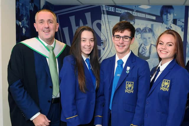 Larbert High School rector Jon Reid joins pupils at last year's senior prize giving ceremony before the teaching landscape was changed by the coronvirus crisis
