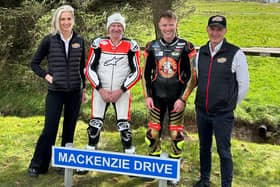 Fankerton-born Niall, his son Taylor, circuit owner Jillian Shedden and director of events Stuart Gray show off the newly-named Mackenzie Drive signage (Photo: Knockhill Racing Circuit)