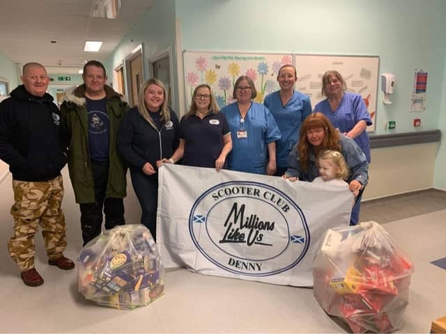 The Millions Like Us Scooter Club in Denny dropped off Easter egg donations to local charities at the weekend, including a stop at Forth Valley Royal Hospital.  (Pic: Submitted)
