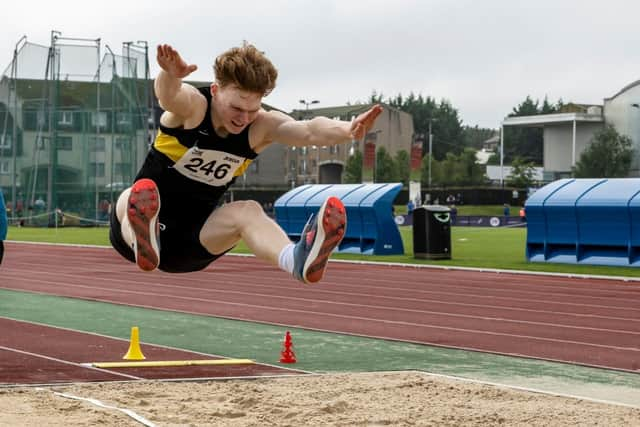 Falkirk Victoria Harriers ace Samuel Kane leaped his way to a gold medal at the 4J National Age Group Champs over the weekend in Aberdeen (Photo: Bobby Gavin/Scottish Athletic)