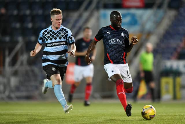 Morgaro Gomis on the ball for former club Falkirk against the Shire back in 2020 (Photo: Michael Gillen)