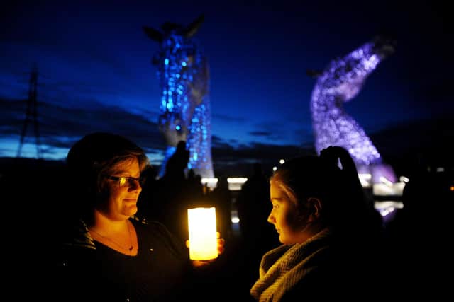 The first Baby Loss Awareness Day service held in Falkirk took place at The Kelpies in 2019. Pictured: Nichola McPake and her daughter Taylor McPake remembering Maci McPake. Credit: Michael Gillen.